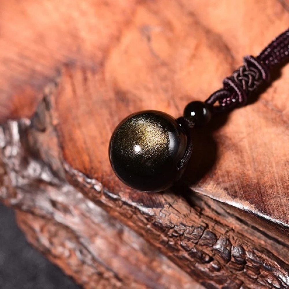 Natural 16mm Gold Obsidian Stone Bead Pendant Necklace